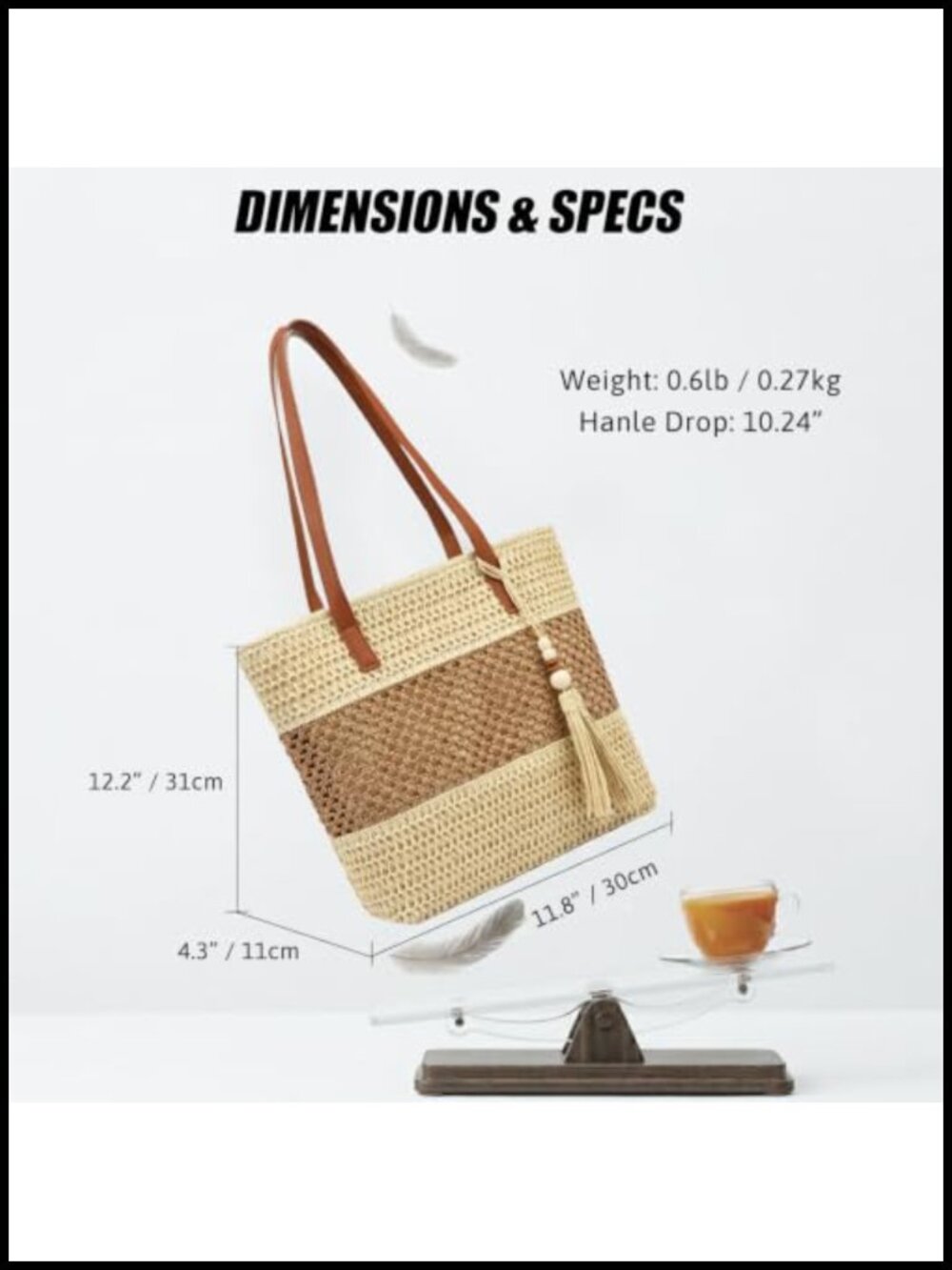 Straw Beach Tote Bag for Women Woven Shoulder Purse with Zip - Picture 4 of 6